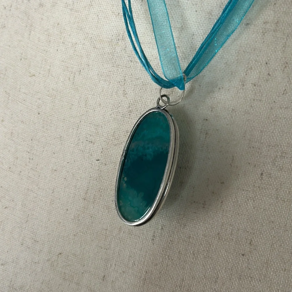 Artisan-made 925 Sterling Silver Blue Banded Agate Stone Pendant Necklace